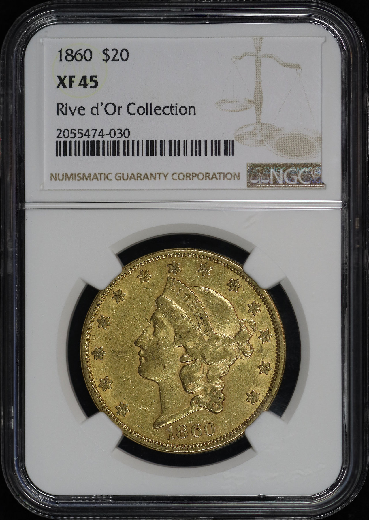Obverse of this 1860 Liberty Head $20 Type 1 NGC XF-45 Rive d’Or Collection