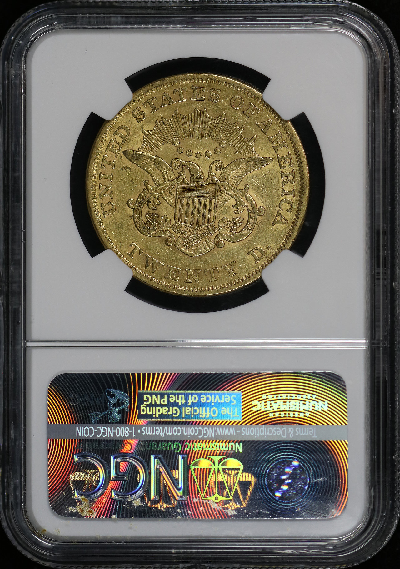Reverse of this 1860 Liberty Head $20 Type 1 NGC XF-45 Rive d’Or Collection