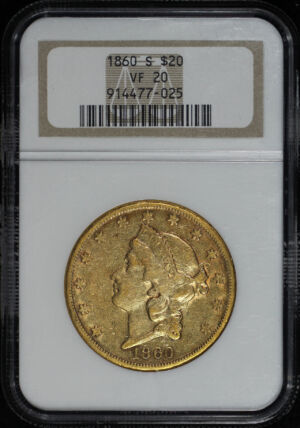Obverse of this 1860-S Liberty Head $20 Type 1 NGC VF-20