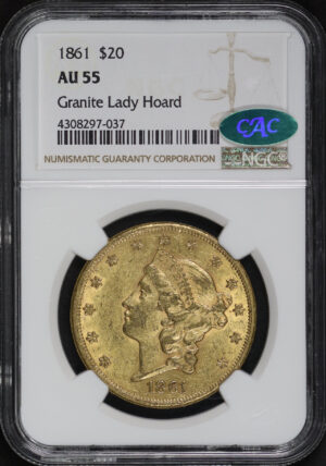 Obverse of this 1861 Liberty Head $20 Type 1 NGC AU-55 CAC Granite Lady Hoard