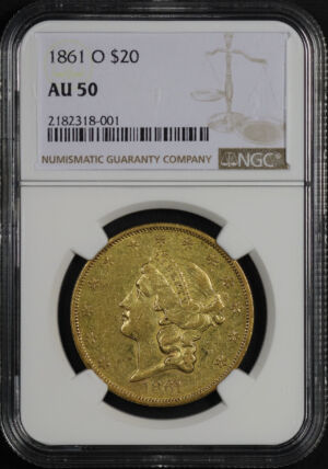 Obverse of this 1861-O Liberty Head $20 Type 1 NGC AU-50