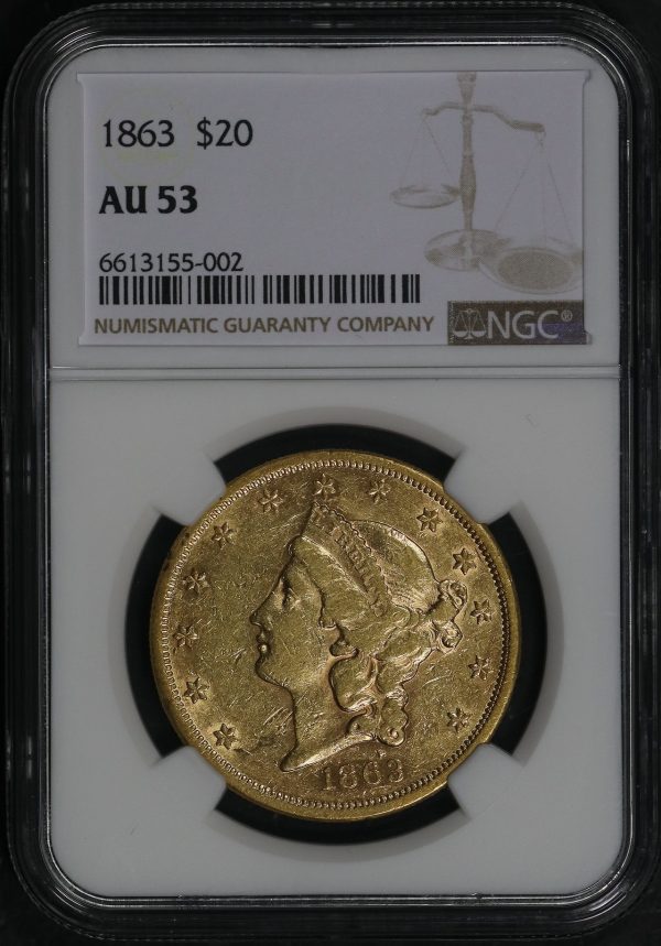 Obverse of this 1863 Liberty Head $20 Type 1 NGC AU-53