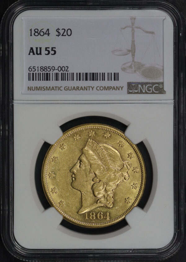 Obverse of this 1864 Liberty Head $20 Type 1 NGC AU-55