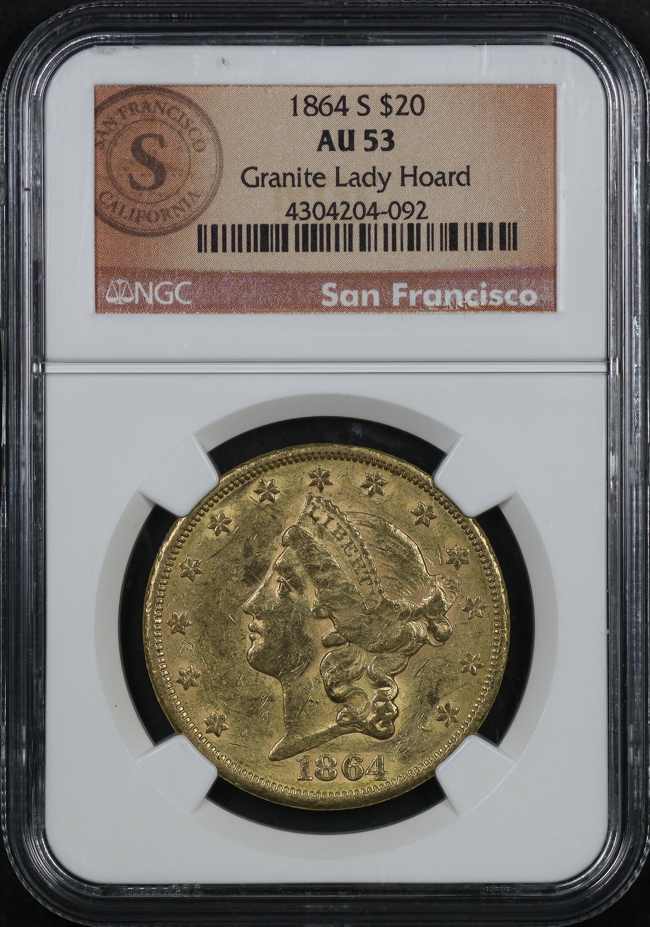 Obverse of this 1864-S Liberty Head $20 Type 1 NGC AU-53 Granite Lady Hoard