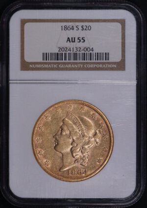 Obverse of this 1864-S Liberty Head $20 Type 1 NGC AU-55