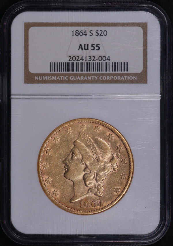 Obverse of this 1864-S Liberty Head $20 Type 1 NGC AU-55