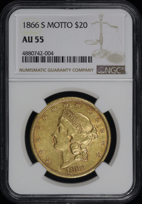 Obverse of this 1866-S Motto Liberty Head $20 Type 2 NGC AU-55
