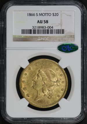 Obverse of this 1866-S Liberty Head $20 Type 2 Motto NGC AU-58 CAC
