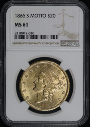 Obverse of this 1866-S Liberty Head $20 Type 2 with Motto NGC MS-61