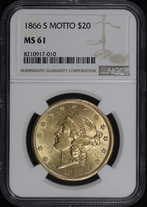 Obverse of this 1866-S Liberty Head $20 Type 2 with Motto NGC MS-61