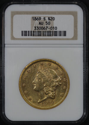 Obverse of this 1869-S Liberty Head $20 Type 2 NGC AU-50