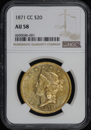 Obverse of this 1871-CC Liberty Head $20 NGC AU-58