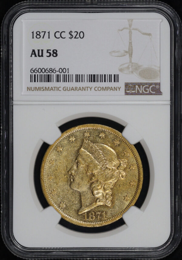 Obverse of this 1871-CC Liberty Head $20 NGC AU-58