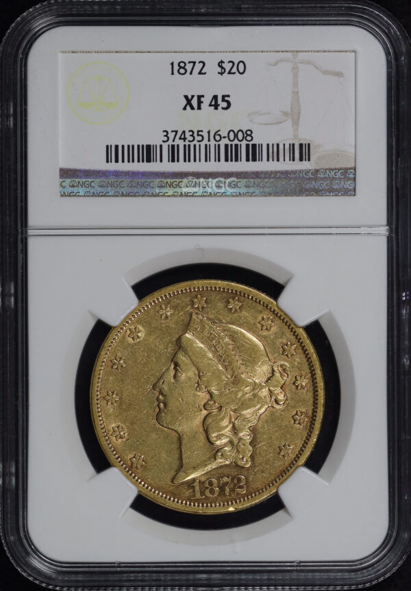 Obverse of this 1872 Liberty Head $20 Type 2 NGC XF-45