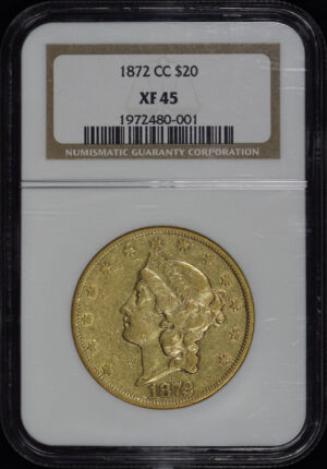 Obverse of this 1872-CC Liberty Head $20 Type 2 NGC XF-45