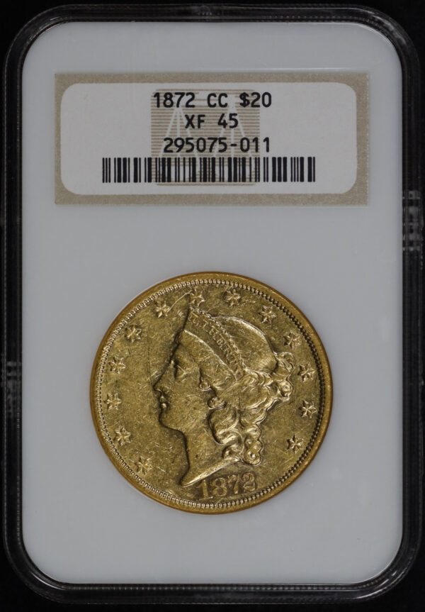 Obverse of this 1872-CC Liberty Head $20 Type 2 NGC XF-45