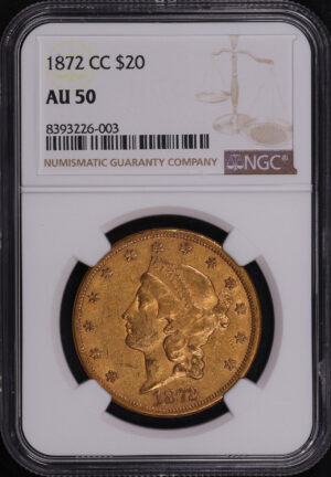 Obverse of this 1872-CC Liberty Head $20 Type 2 NGC AU-50