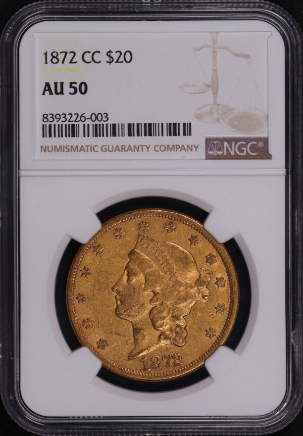 Obverse of this 1872-CC Liberty Head $20 Type 2 NGC AU-50