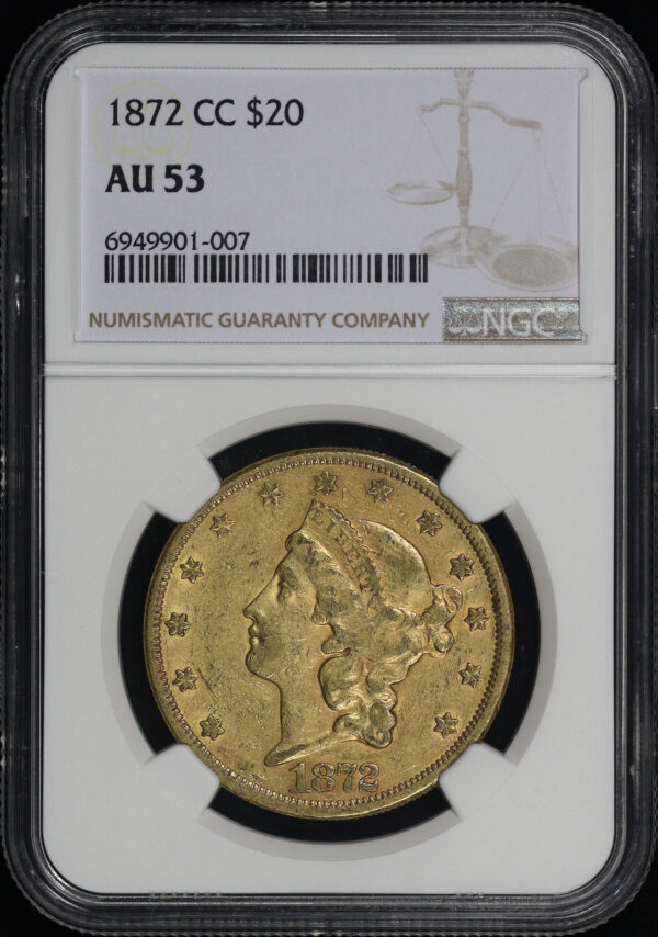 Obverse of this 1872-CC Liberty Head $20 Type 2 NGC AU-53