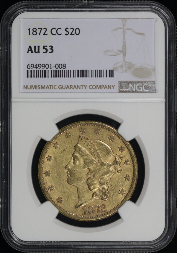 Obverse of this 1872-CC Liberty Head $20 Type 2 NGC AU-53