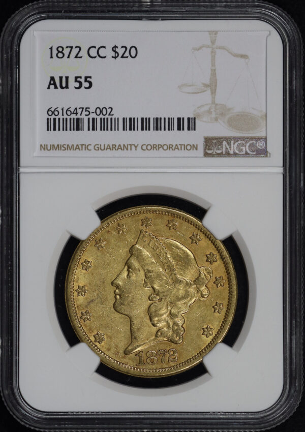 Obverse of this 1872-CC Liberty Head $20 Type 2 NGC AU-55