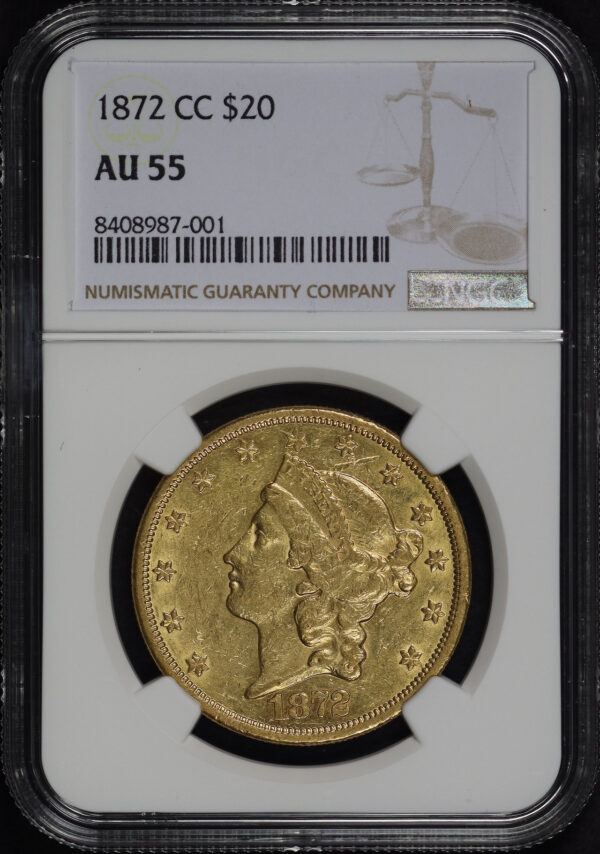 Obverse of this 1872-CC Liberty Head $20 NGC AU-55