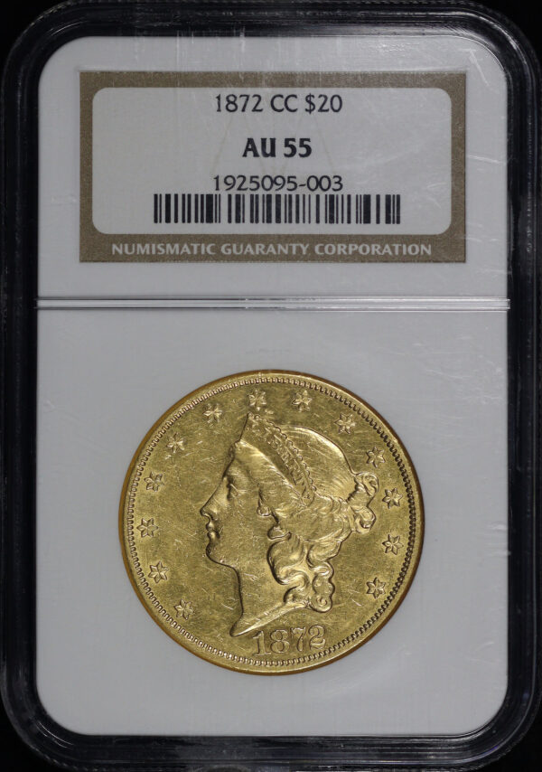 Obverse of this 1872-CC Liberty Head $20 Type 2 NGC AU-55