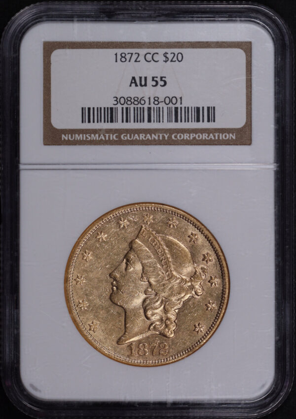 Obverse of this 1872-CC Liberty Head $20 NGC AU-55