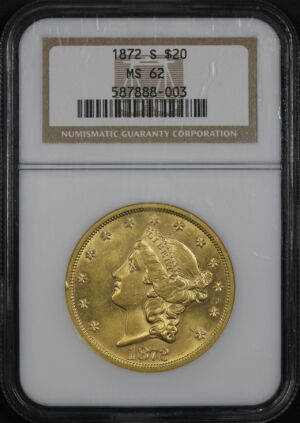 Obverse of this 1872-S Liberty Head $20 NGC MS-62