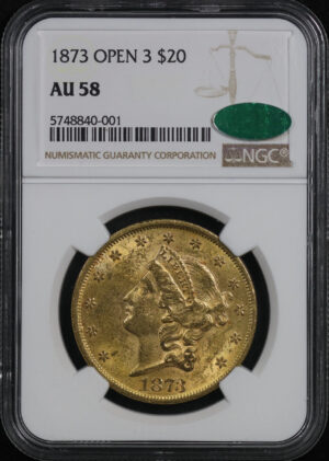 Obverse of this 1873 Liberty Head $20 Type 2 Open 3 NGC AU-58 CAC