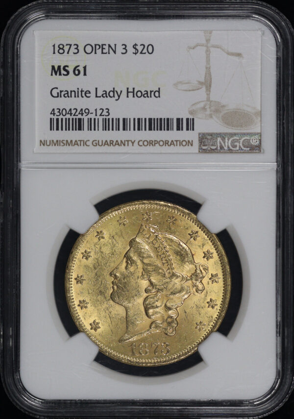 Obverse of this 1873 Liberty Head $20 Type 2 Open 3 NGC MS-61 Granite Lady Hoard