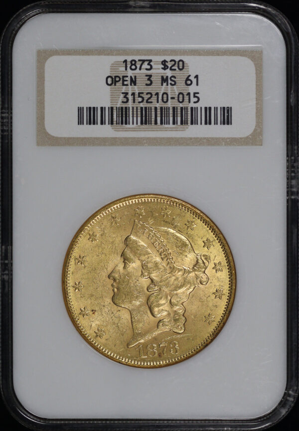 Obverse of this 1873 Liberty Head $20 Type 2 Open 3 NGC MS-61 Old Fatty Holder