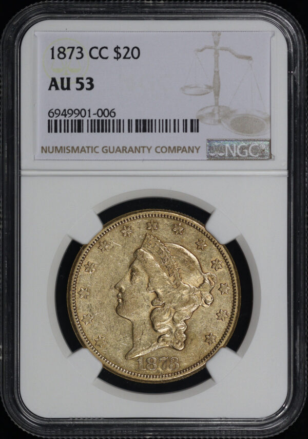 Obverse of this 1873-CC Liberty Head $20 Type 2 NGC AU-53