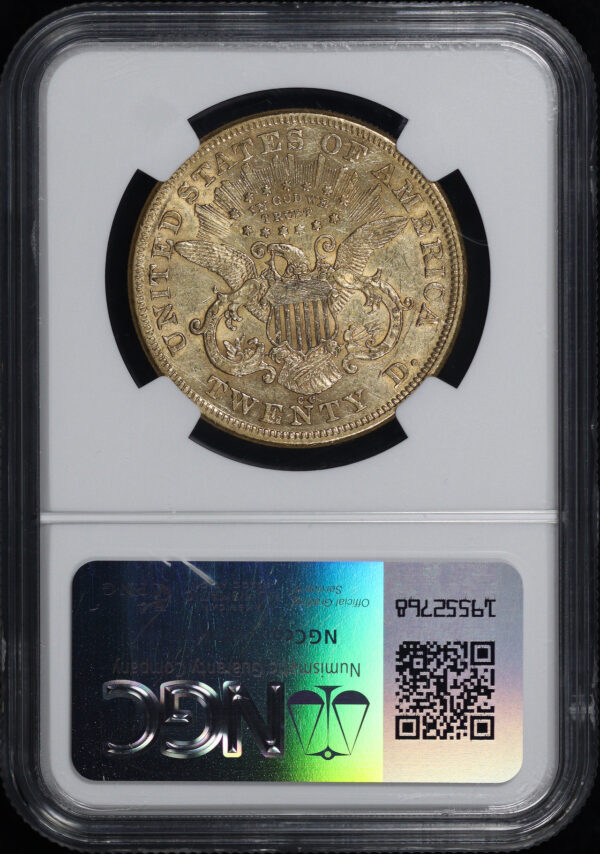 Reverse of this 1873-CC Liberty Head $20 NGC AU-53