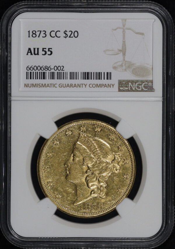 Obverse of this 1873-CC Liberty Head $20 NGC AU-55