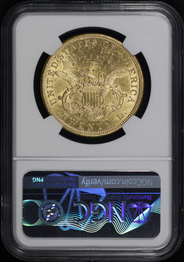 Reverse of this 1873-CC Liberty Head $20 NGC AU-55