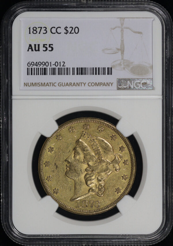 Obverse of this 1873-CC Liberty Head $20 Type 2 NGC AU-55