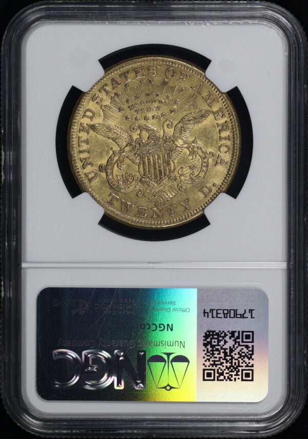 Reverse of this 1873-CC Liberty Head $20 NGC AU-55