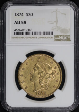 Obverse of this 1874 Liberty Head $20 Type 2 NGC AU-58