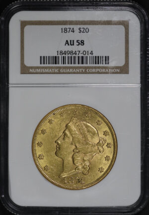 Obverse of this 1874 Liberty Head $20 NGC AU-58