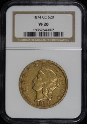 Obverse of this 1874-CC Liberty Head $20 NGC VF-20