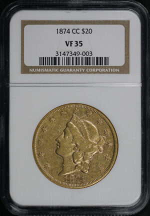 Obverse of this 1874-CC Liberty Head $20 NGC VF-35