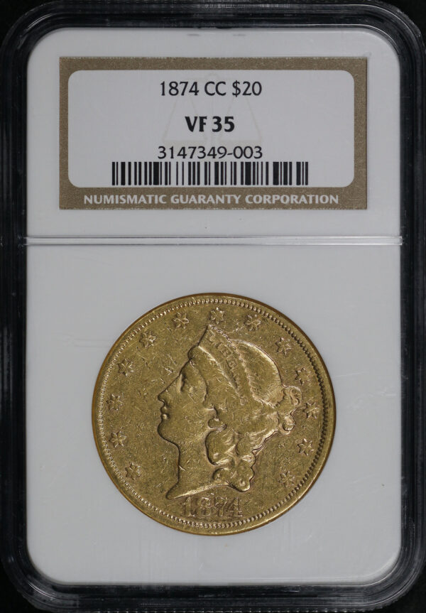 Obverse of this 1874-CC Liberty Head $20 Type 2 NGC VF-35