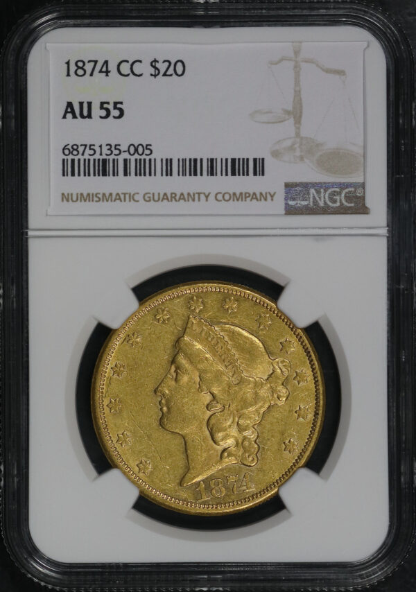 Obverse of this 1874-CC Liberty Head $20 Type 2 NGC AU-55