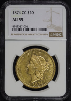 Obverse of this 1874-CC Liberty Head $20 NGC AU-55