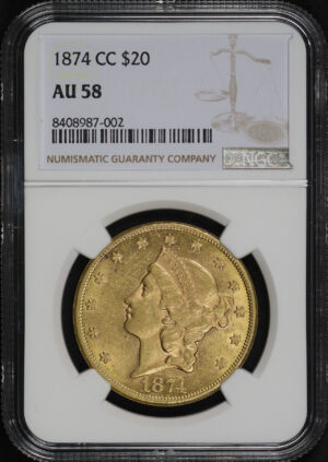 Obverse of this 1874-CC Liberty Head $20 NGC AU-58