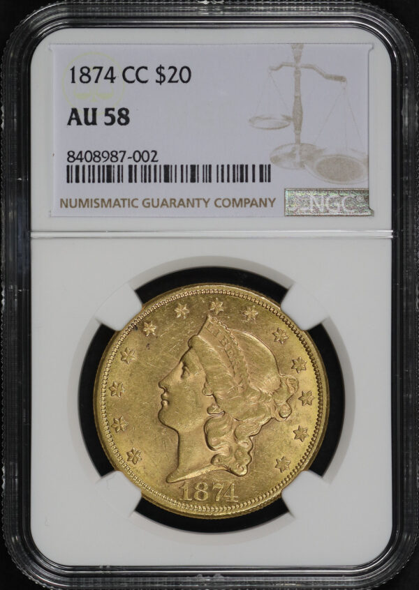 Obverse of this 1874-CC Liberty Head $20 NGC AU-58