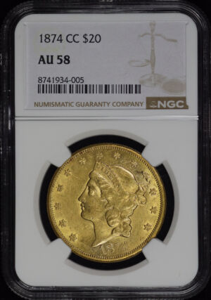 Obverse of this 1874-CC Liberty Head $20 Type 2 NGC AU-58