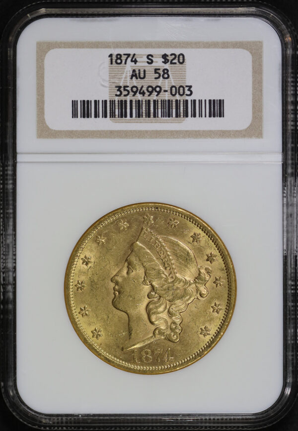 Obverse of this 1874-S Liberty Head $20 Type 2 NGC AU-58