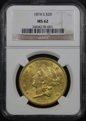 Obverse of this 1874-S Liberty Head $20 NGC MS-62